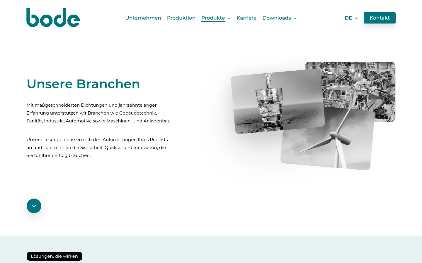 Seite Branchen auf bode.eu mit Bildern aus Sanitär, Industrie und Windkraft