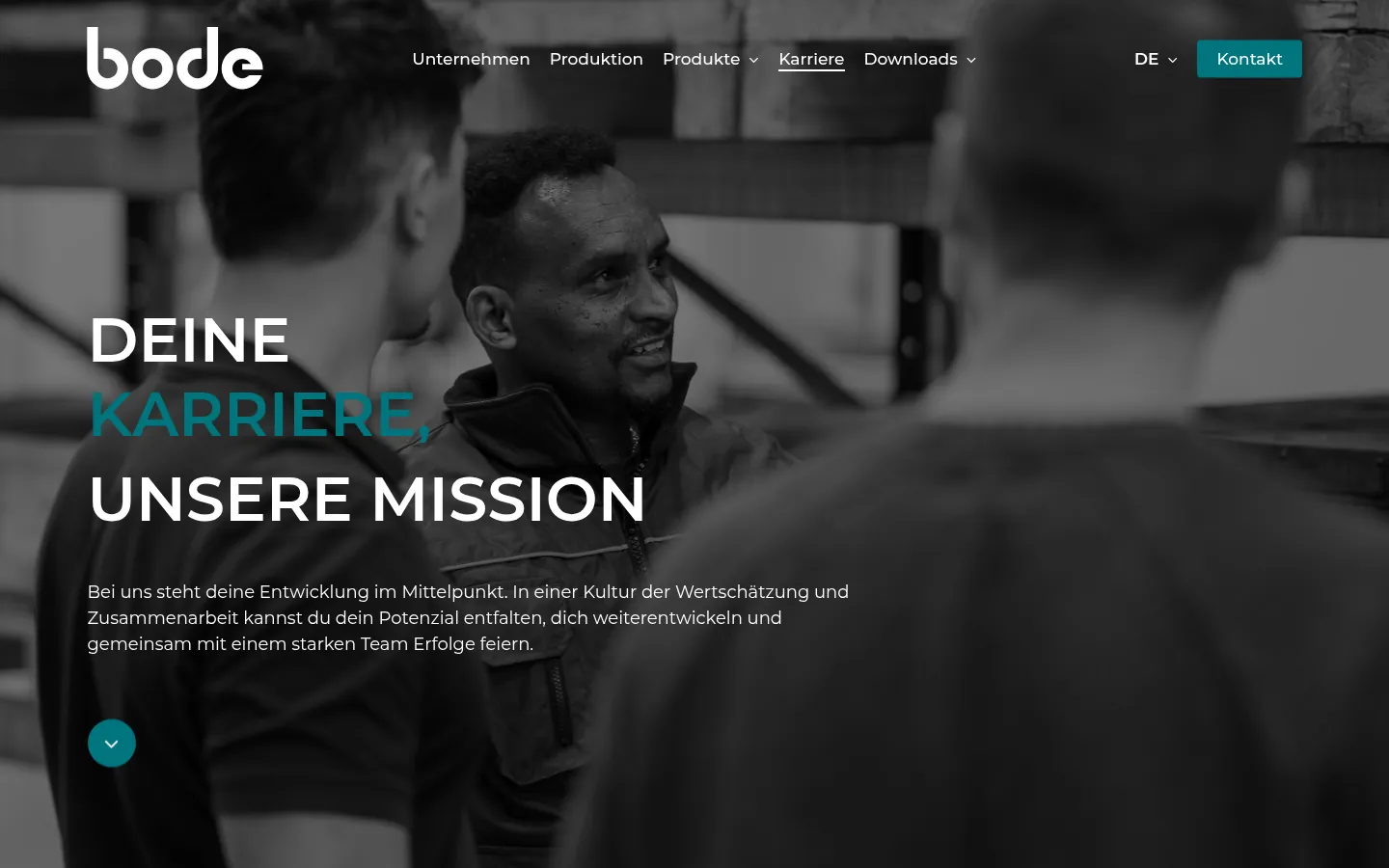 Karriereseite von bode.eu mit dem Titel „Deine Karriere, unsere Mission“ über einem Teamfoto