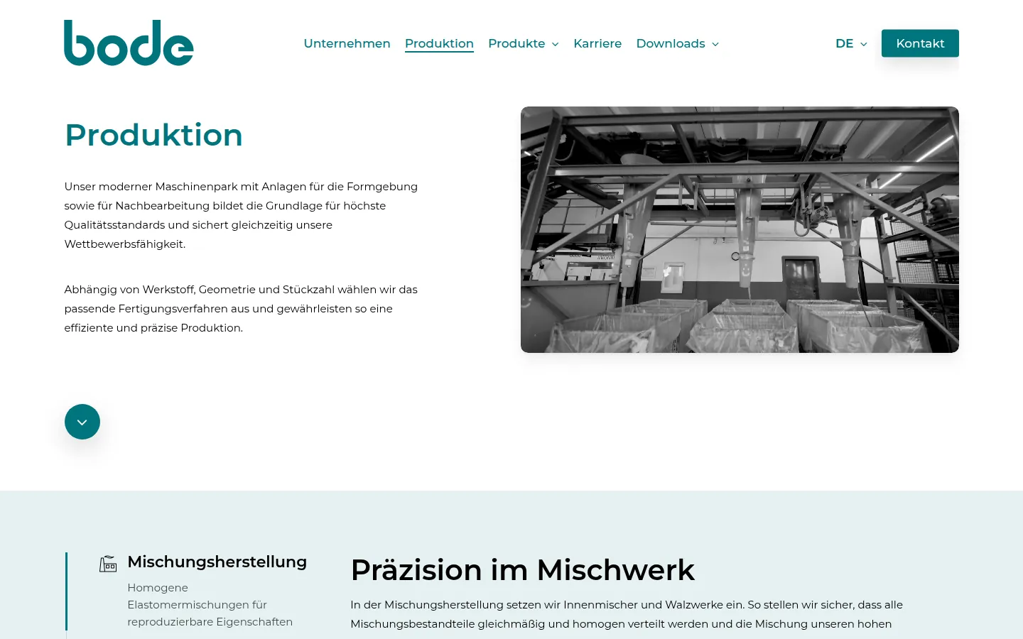 Seite Produktion auf bode.eu mit Text und Foto aus dem Mischwerk