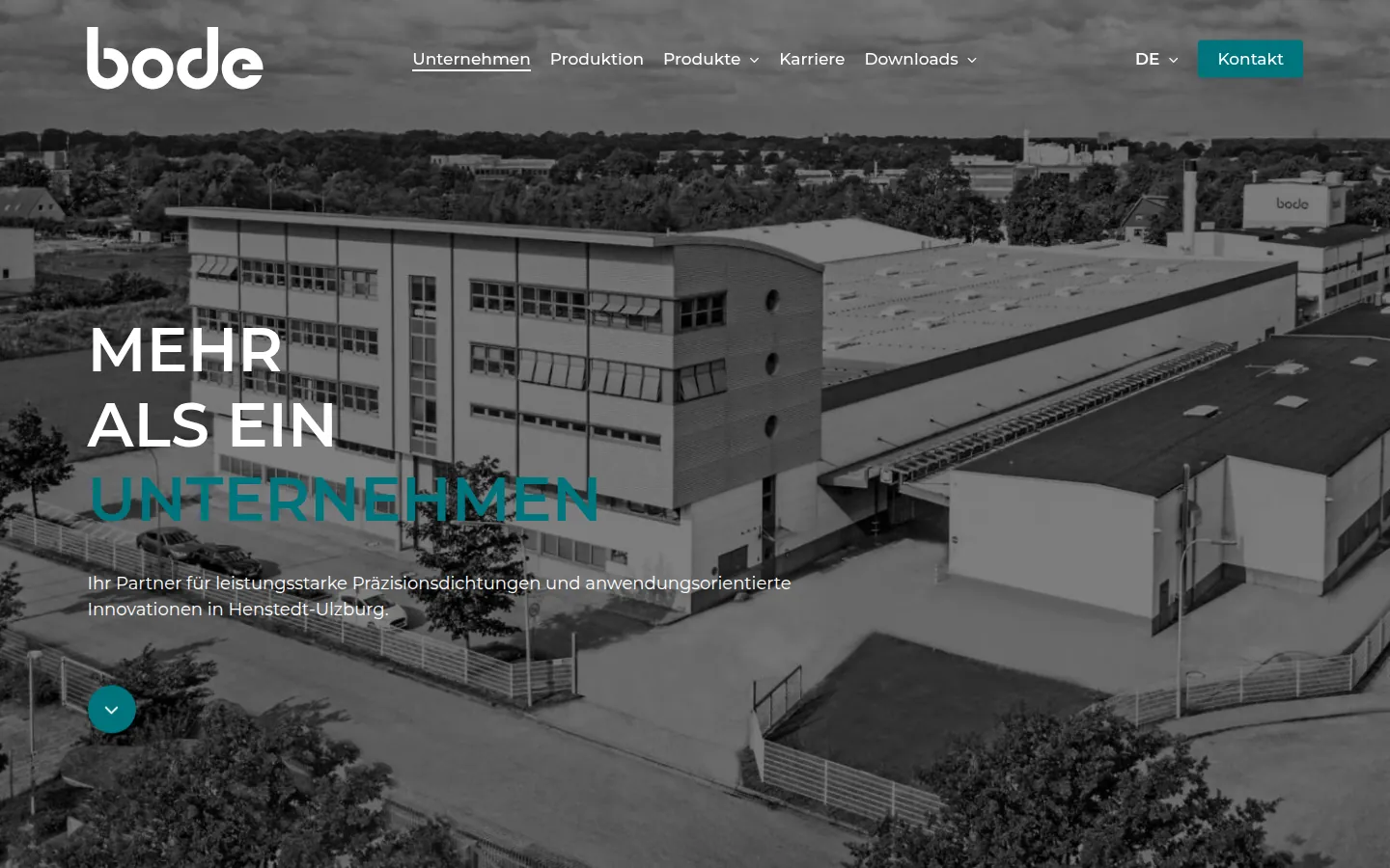 Seite Unternehmen auf bode.eu mit Luftbild des Firmensitzes in Henstedt-Ulzburg