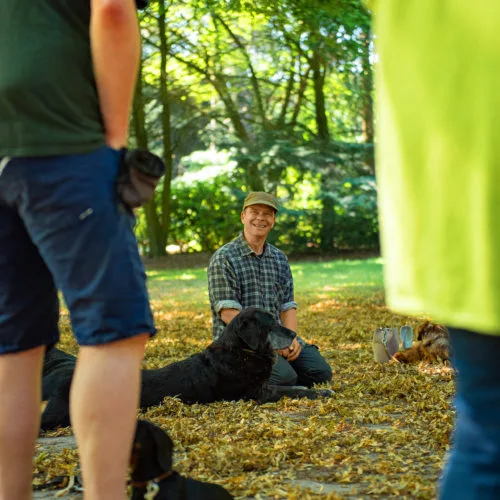 Trainer with a black Labrador during group training in the park