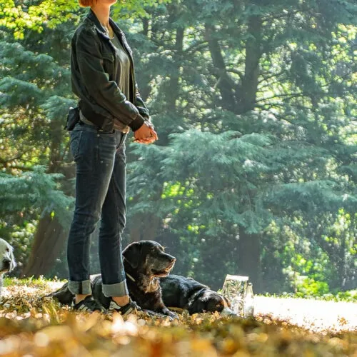 Participant with a Labrador during training in the woods